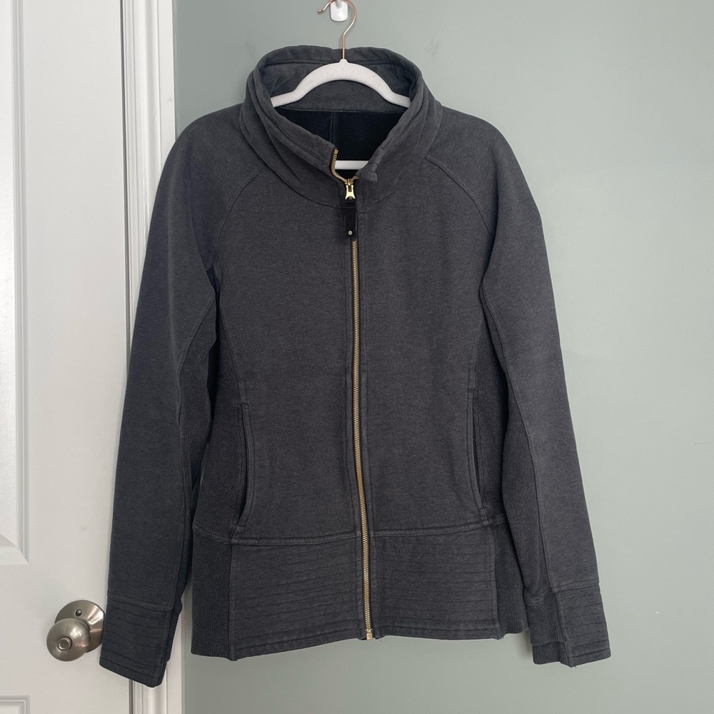 Lululemon "Radiant" Heathered Black Gold Accents Thick Funnel Neck Zip-Up Jacket - Picture 3 of 17